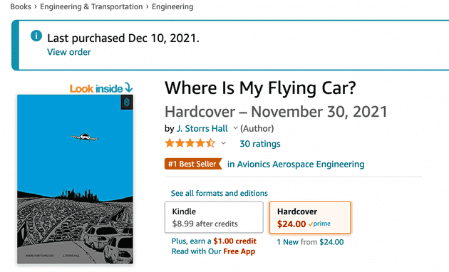 Amazon product page for the book "Where Is My Flying Car?"